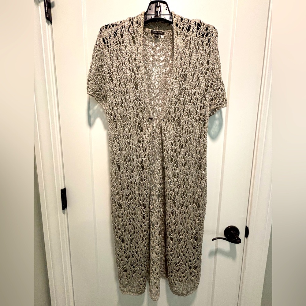 Eileen Fisher Steel Gray Open Weave Knit SSLV Long Cardigan Top L